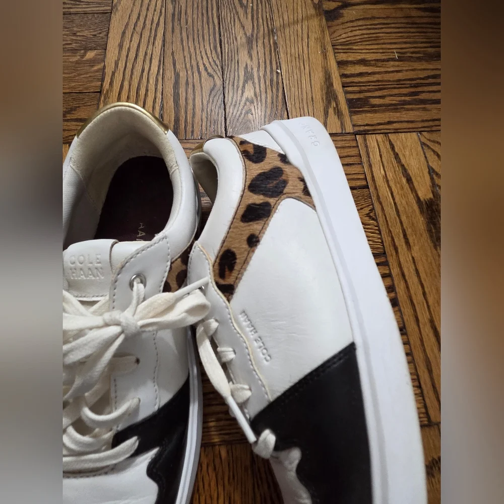 Cole Haan Women's White & Black Leather Leopard-Accent Sneaker Grand Crosscourt - Picture 10 of 16